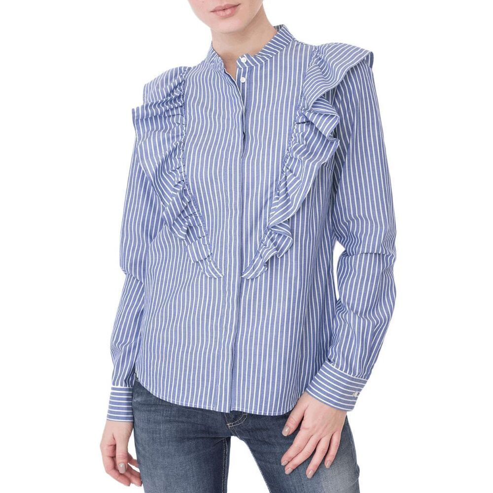 OUI Blue White Striped Long Sleeve Button Down Ruffled Shirt Women's Size 6